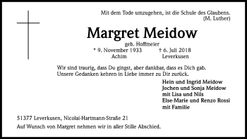 Anzeige von Margret Meidow von SLE