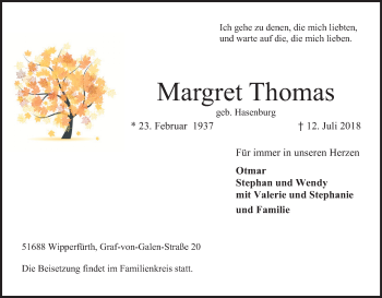 Anzeige von Margret Thomas von RON