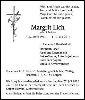 Anzeige von Margrit Lich von BG