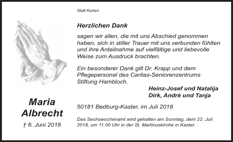  Traueranzeige für Maria Albrecht vom 18.07.2018 aus  Werbepost 