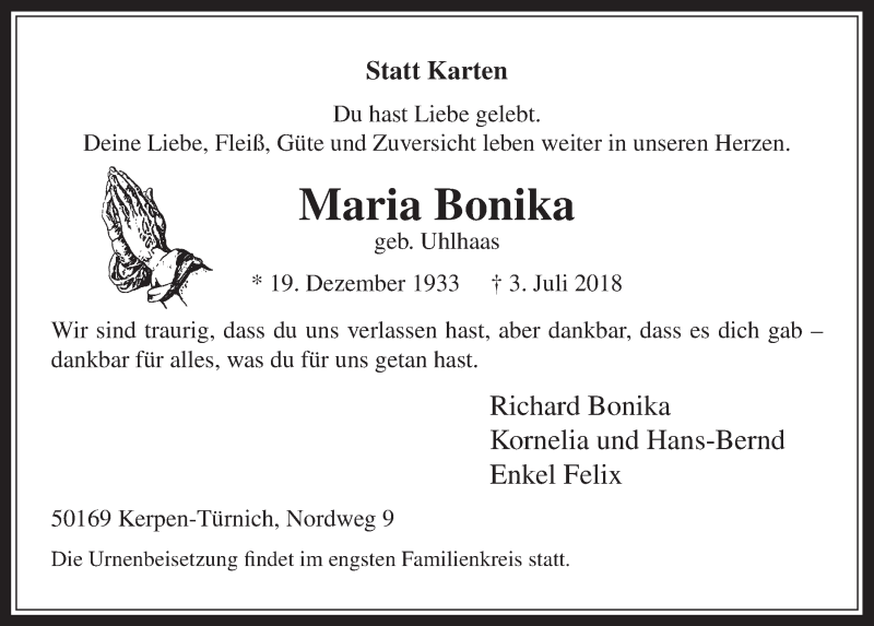  Traueranzeige für Maria Bonika vom 11.07.2018 aus  Werbepost 
