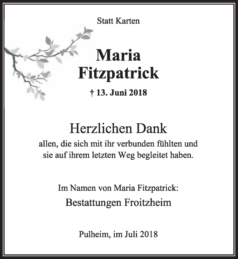  Traueranzeige für Maria Fitzpatrick vom 28.07.2018 aus  Sonntags-Post 