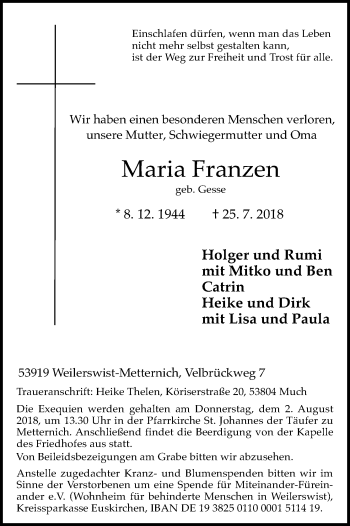 Anzeige von Maria Franzen von HB