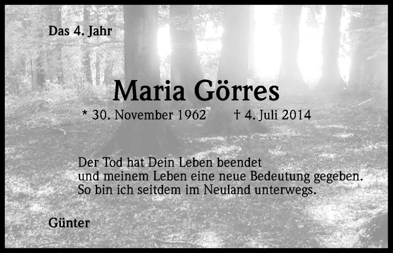  Traueranzeige für Maria Görres vom 21.07.2018 aus GS