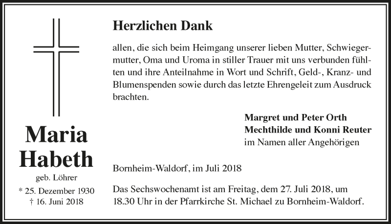  Traueranzeige für Maria Habeth vom 21.07.2018 aus  Schaufenster/Blickpunkt am Wochenende 