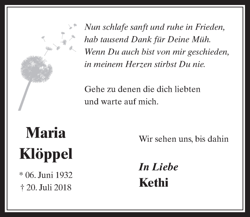  Traueranzeige für Maria Klöppel vom 01.08.2018 aus  Werbepost 