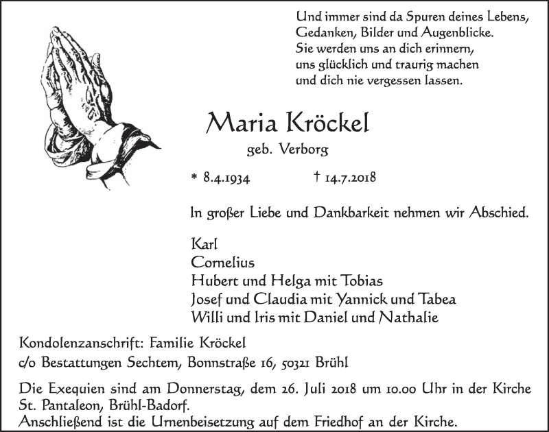  Traueranzeige für Maria Kröckel vom 18.07.2018 aus  Schlossbote/Werbekurier 