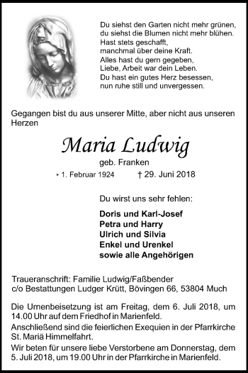 Anzeige von Maria Ludwig von HS