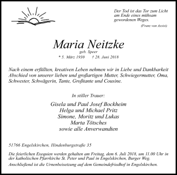 Anzeige von Maria Neitzke von OB