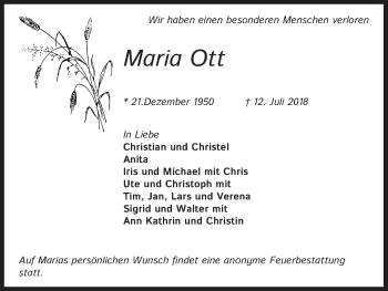 Anzeige von Maria Ott von RB