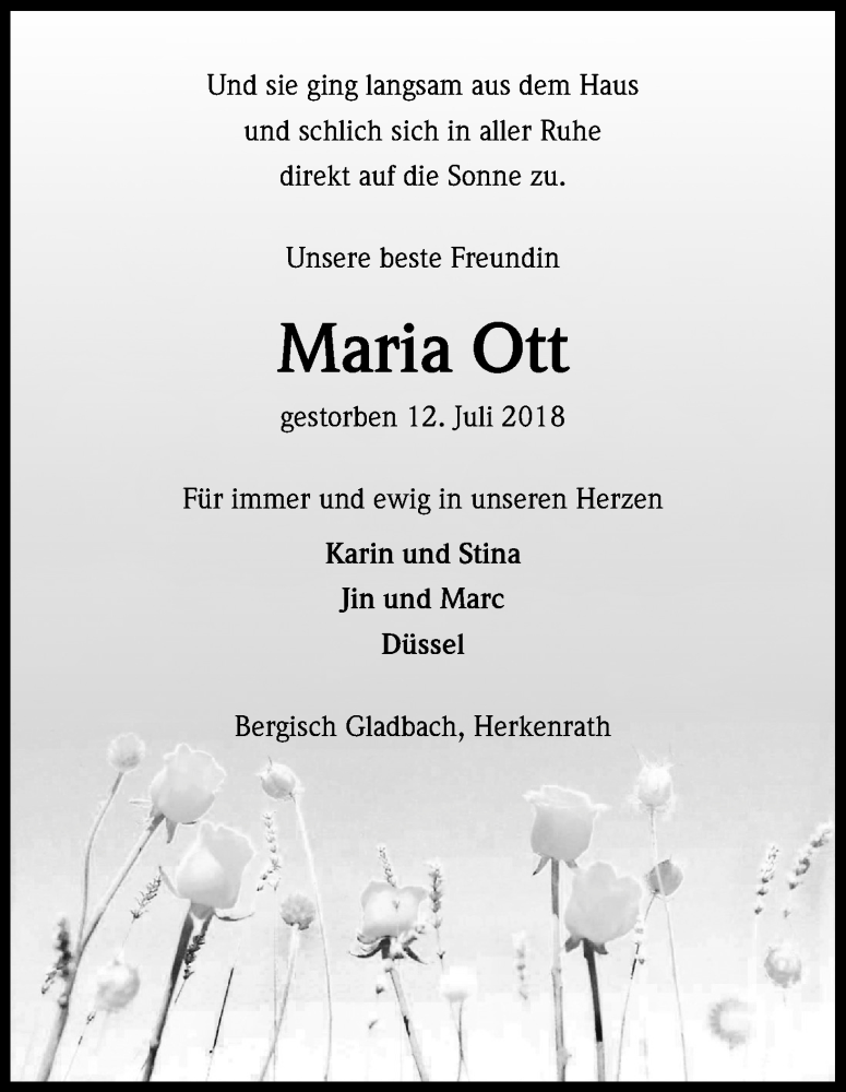  Traueranzeige für Maria Ott vom 21.07.2018 aus GS