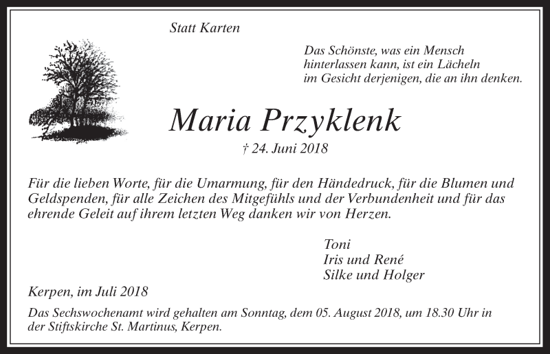  Traueranzeige für Maria Przyklenk vom 25.07.2018 aus  Werbepost 