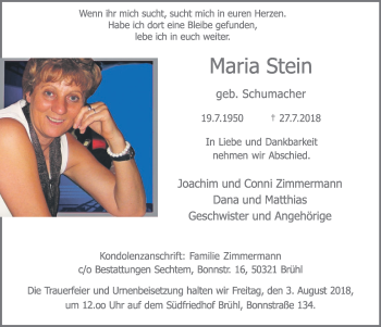 Anzeige von Maria Stein von  Schlossbote/Werbekurier 