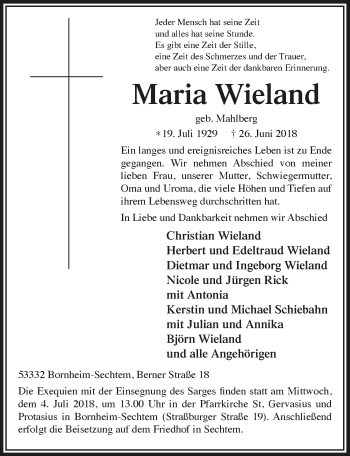 Anzeige von Maria Wieland von  Schlossbote/Werbekurier 