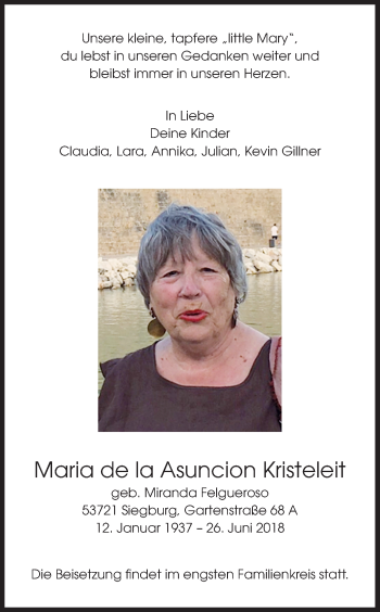 Anzeige von Maria de la Asuncion Kristeleit von HS