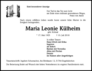 Anzeige von Maria Leonie Külheim von OB