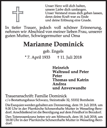 Anzeige von Marianne Dominick von  Schlossbote/Werbekurier 