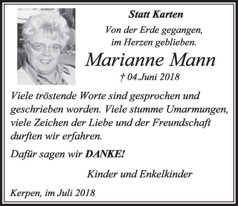  Traueranzeige für Marianne Mann vom 21.07.2018 aus  Sonntags-Post 