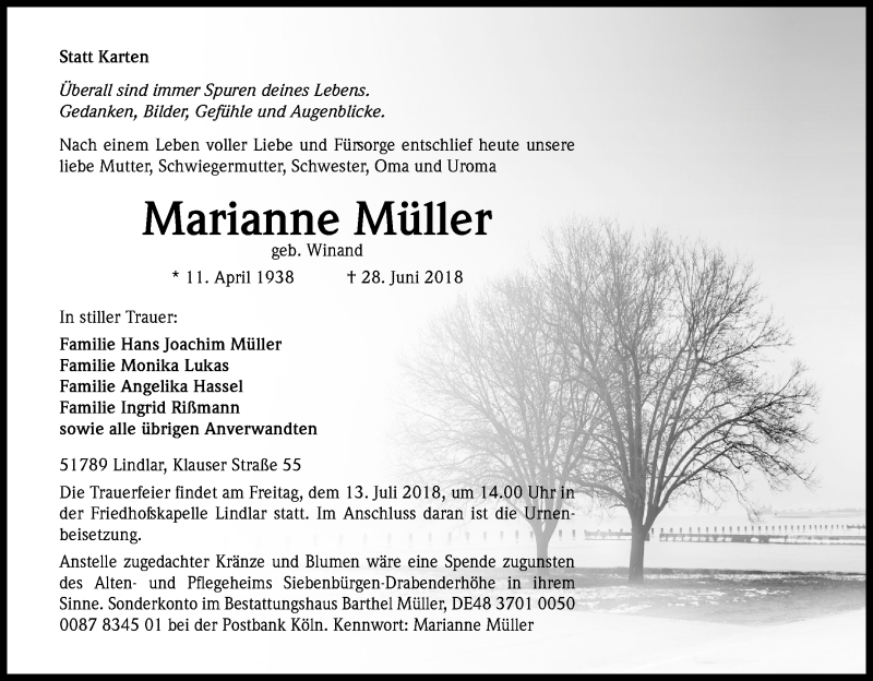  Traueranzeige für Marianne Müller vom 07.07.2018 aus OB
