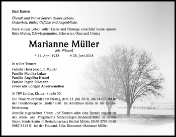 Anzeige von Marianne Müller von OB