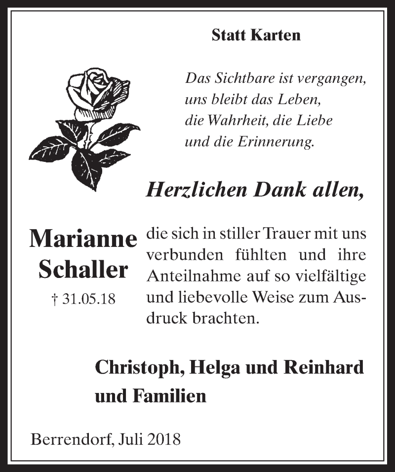  Traueranzeige für Marianne Schaller vom 25.07.2018 aus  Werbepost 