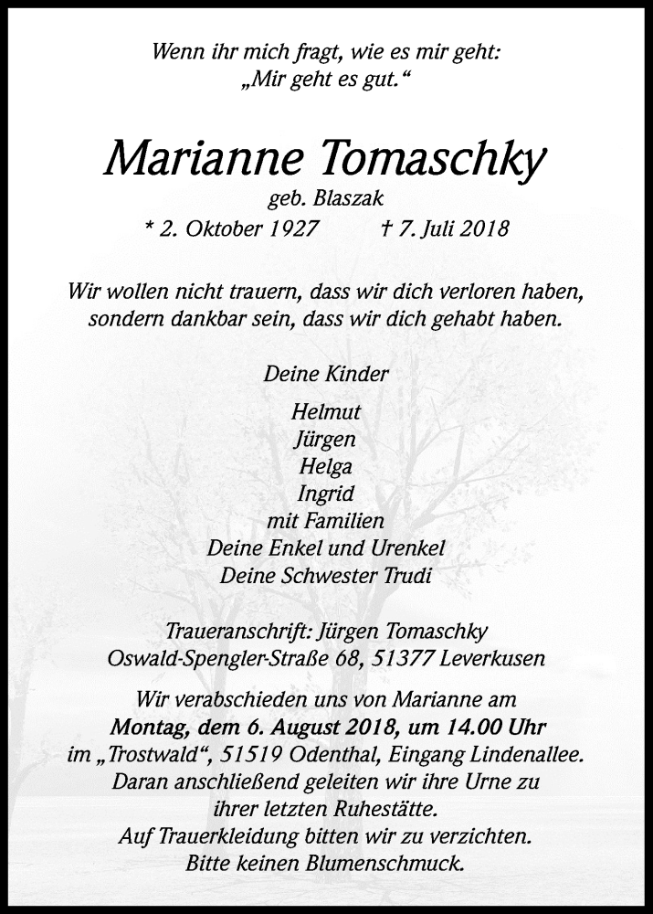 Traueranzeige für Marianne Tomaschky vom 21.07.2018 aus SLE