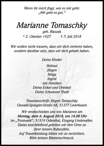 Anzeige von Marianne Tomaschky von SLE