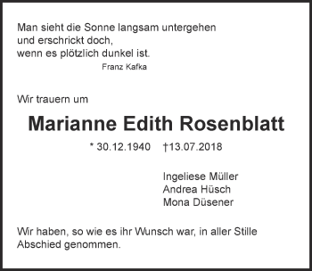 Anzeige von Marianne Edith Rosenblatt von  Kölner Wochenspiegel 
