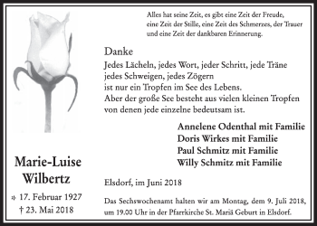Anzeige von Marie-Luise Wilbertz von  Sonntags-Post 