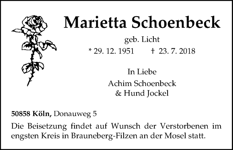  Traueranzeige für Marietta Schoenbeck vom 31.07.2018 aus GS