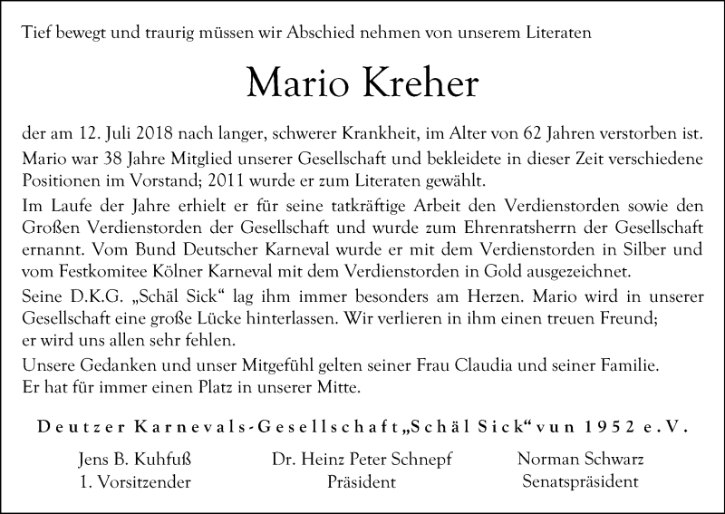  Traueranzeige für Mario Kreher vom 21.07.2018 aus GS