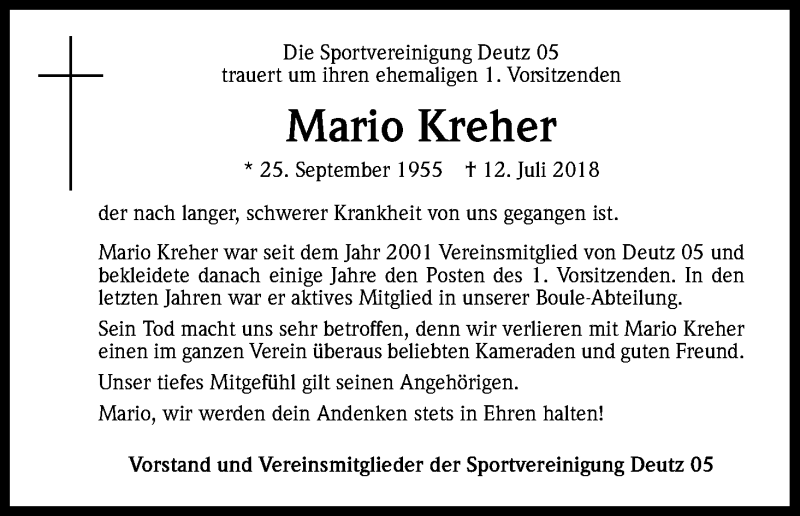  Traueranzeige für Mario Kreher vom 21.07.2018 aus GS