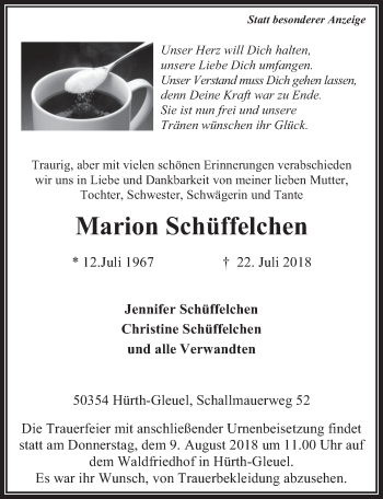 Anzeige von Marion Schüffelchen von  Wochenende 