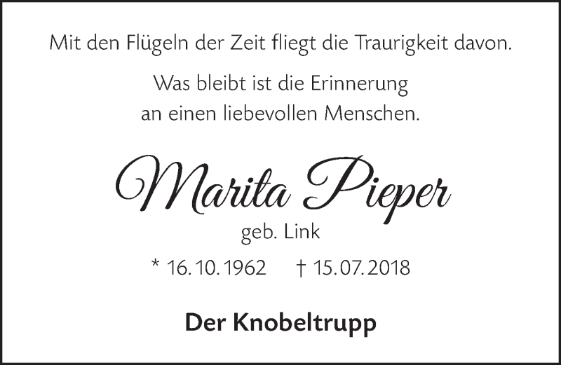 Traueranzeige für Marita Pieper vom 25.07.2018 aus  Schlossbote/Werbekurier 