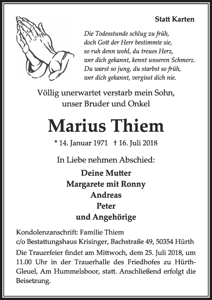  Traueranzeige für Marius Thiem vom 21.07.2018 aus  Sonntags-Post 