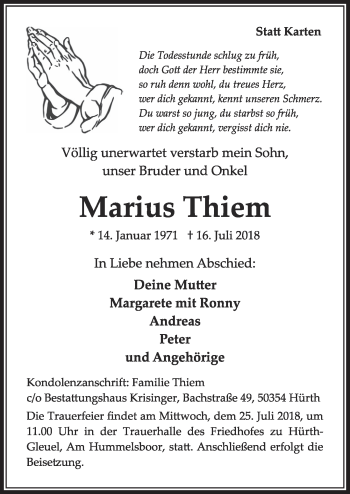 Anzeige von Marius Thiem von  Sonntags-Post 