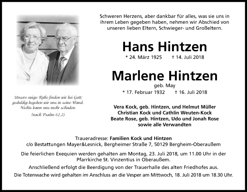  Traueranzeige für Marlene Hintzen vom 18.07.2018 aus BG