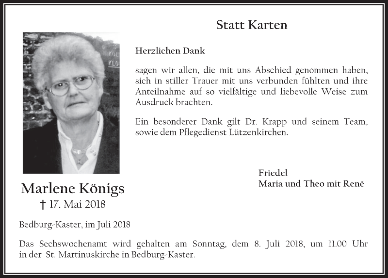  Traueranzeige für Marlene Königs vom 04.07.2018 aus  Werbepost 