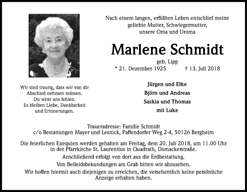  Traueranzeige für Marlene Schmidt vom 17.07.2018 aus Köln - Wir Trauern