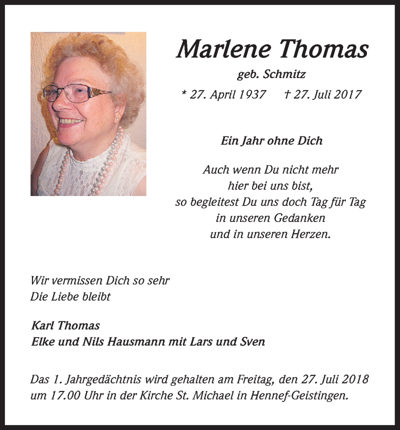  Traueranzeige für Marlene Thomas vom 23.07.2018 aus HS