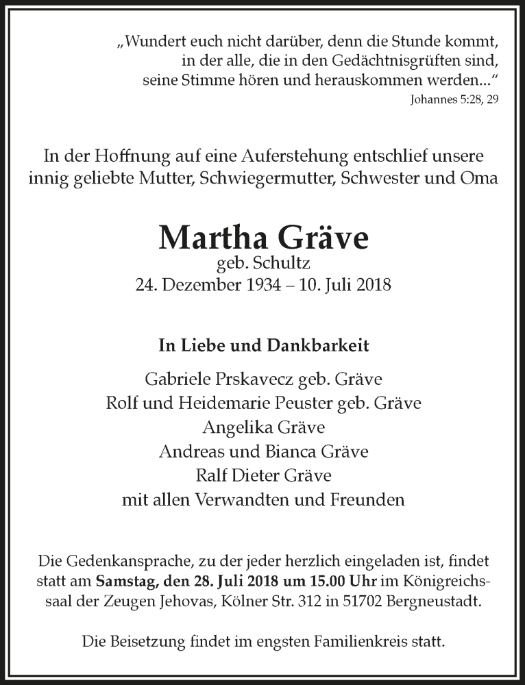  Traueranzeige für Martha Gräve vom 25.07.2018 aus  Anzeigen Echo 