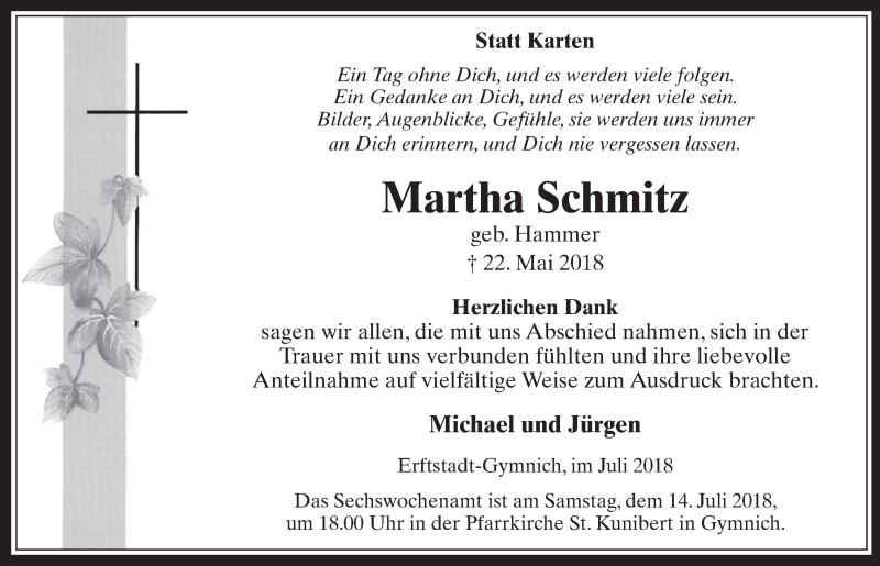  Traueranzeige für Martha Schmitz vom 11.07.2018 aus  Wochenende  Werbepost 