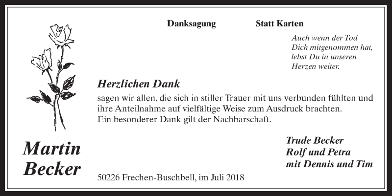  Traueranzeige für Martin Becker vom 18.07.2018 aus  Wochenende 