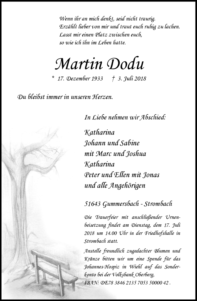  Traueranzeige für Martin Dodu vom 11.07.2018 aus  Anzeigen Echo 