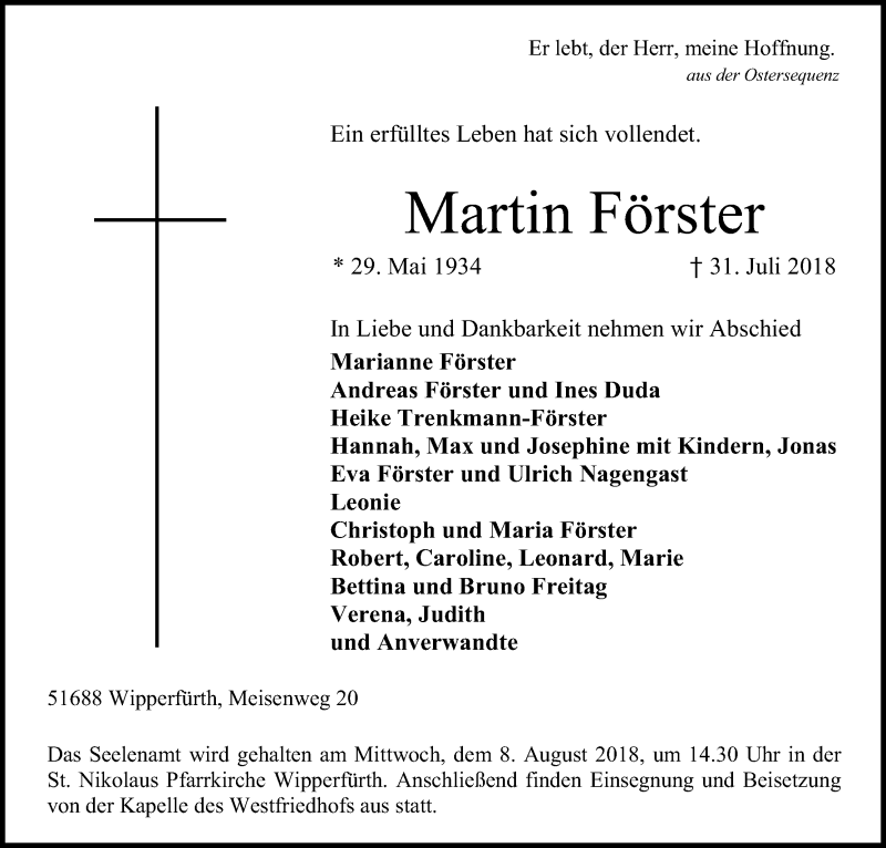  Traueranzeige für Martin Förster vom 01.08.2018 aus Kölner Stadt-Anzeiger / Kölnische Rundschau / Express