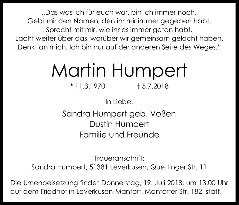  Traueranzeige für Martin Humpert vom 14.07.2018 aus SLE