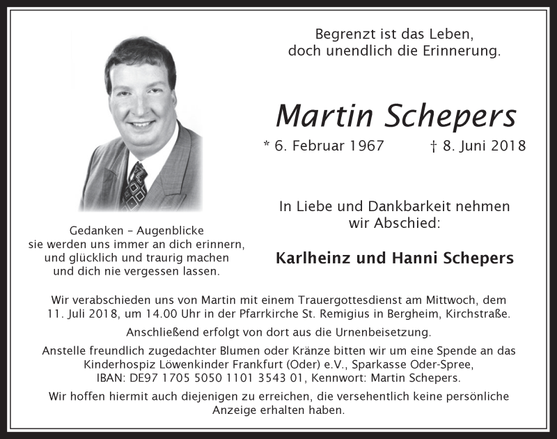  Traueranzeige für Martin Schepers vom 04.07.2018 aus  Werbepost 