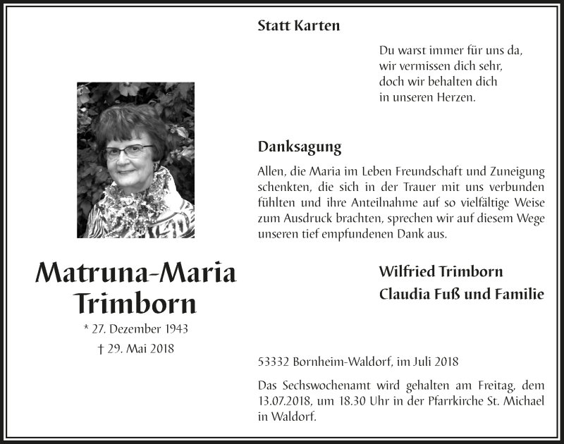  Traueranzeige für Matruna-Maria Trimborn vom 04.07.2018 aus  Schaufenster/Blickpunkt 