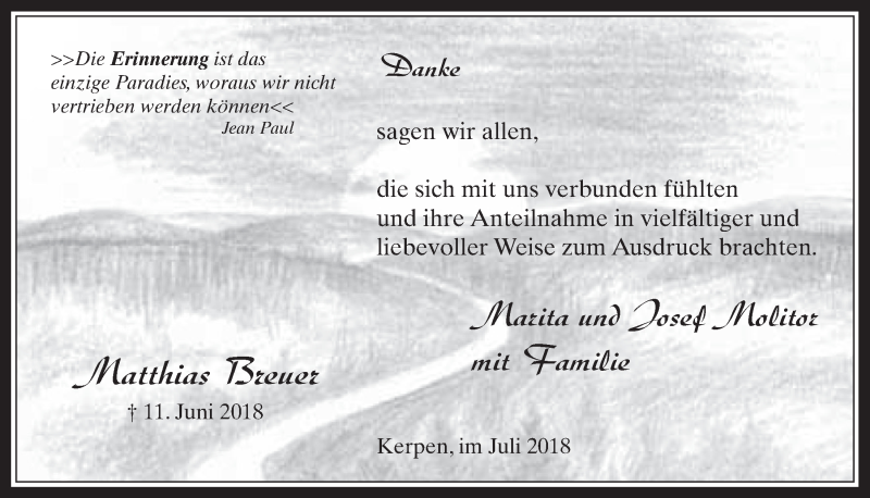  Traueranzeige für Matthias Breuer vom 18.07.2018 aus  Werbepost 