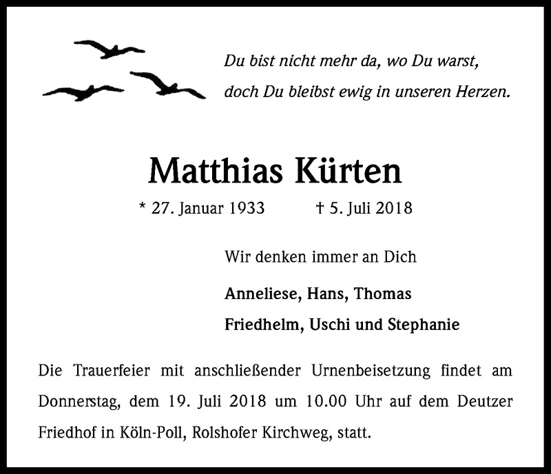  Traueranzeige für Matthias Kürten vom 14.07.2018 aus EXKB